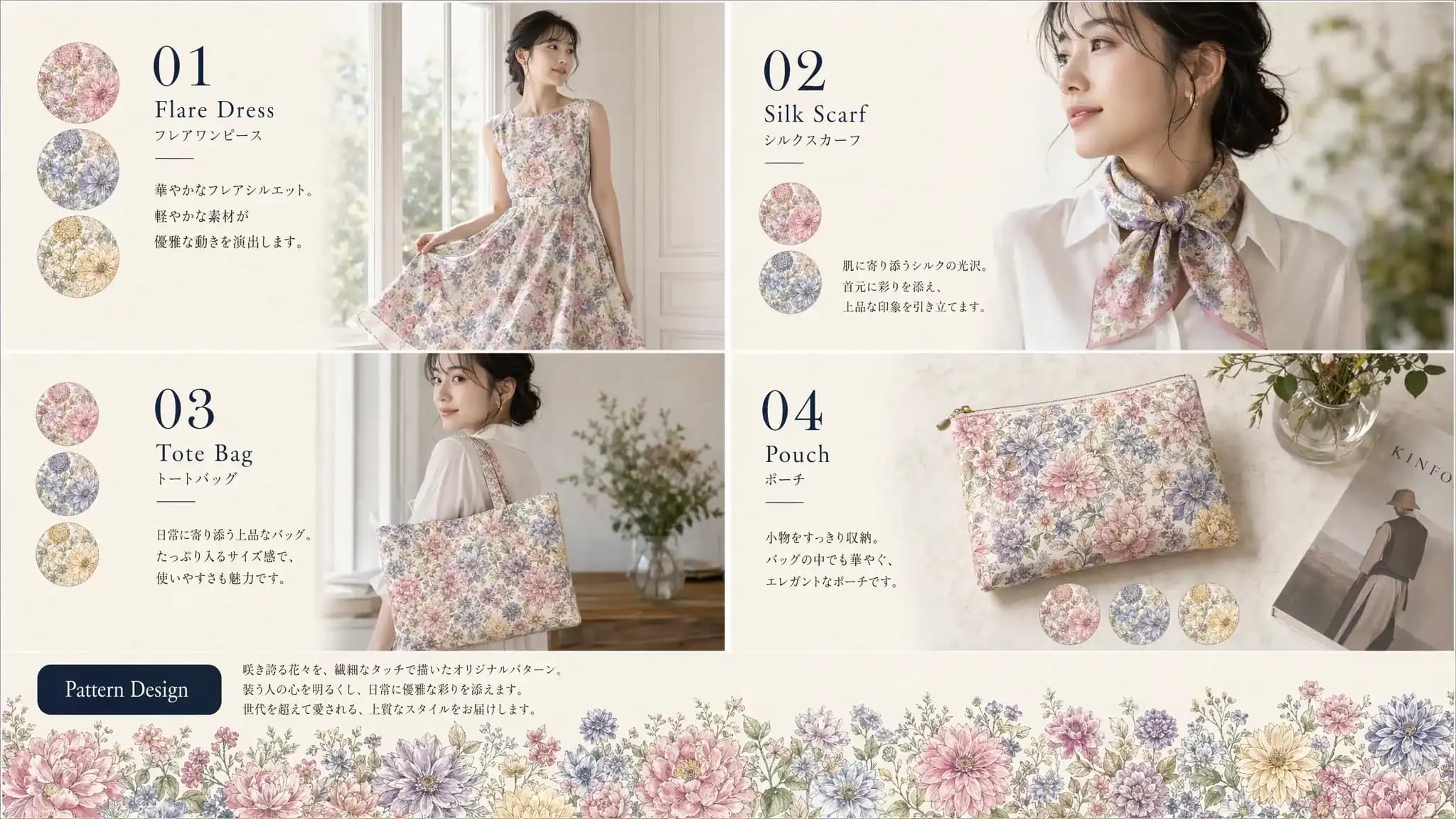 Продуктовый floral-lookbook в духе японского универмага с четырьмя ячейками для платья, шарфа, шопера и косметички, плюс полноширинная полоса узора внизу