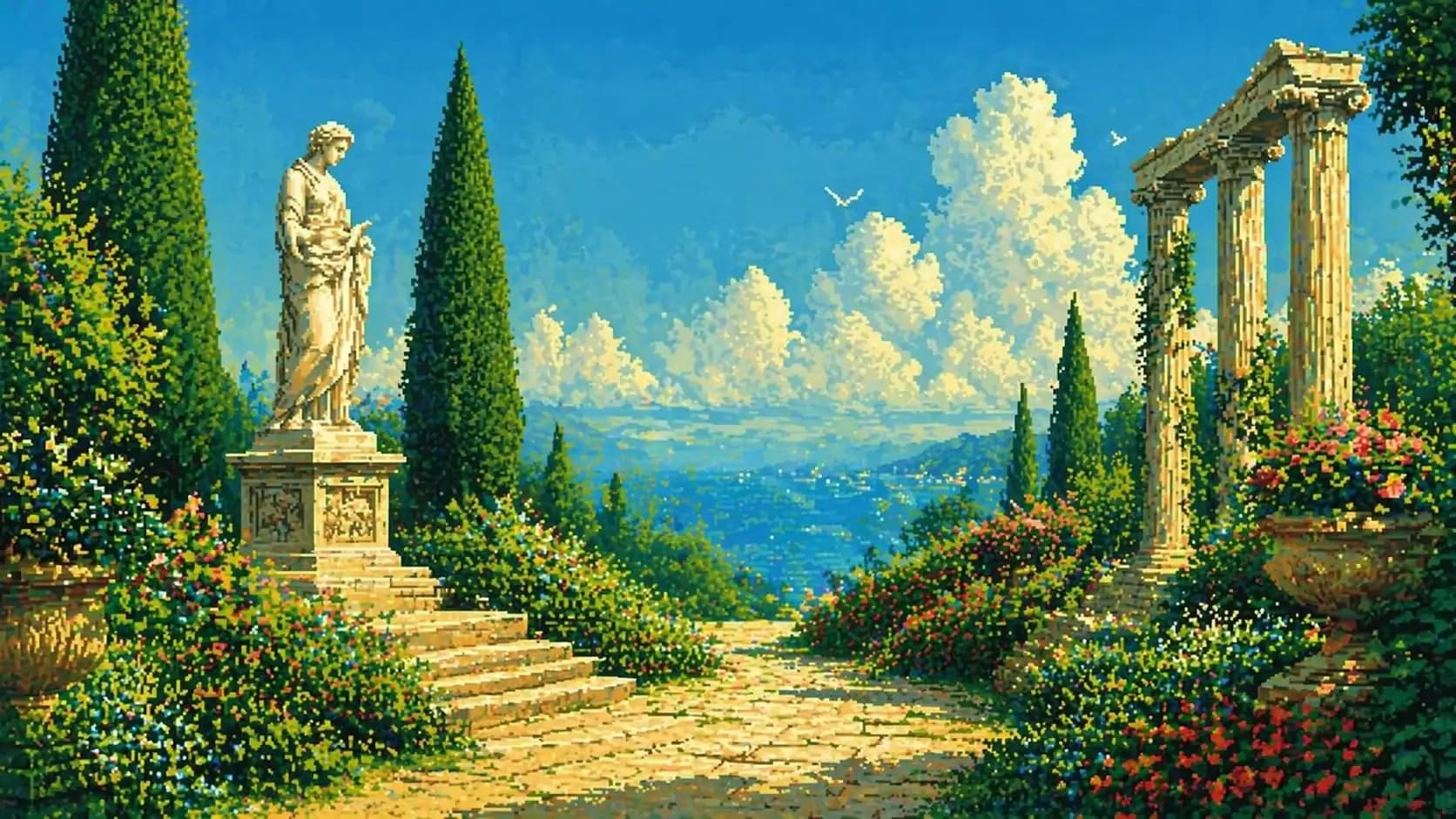 Греческий сад в pixel art