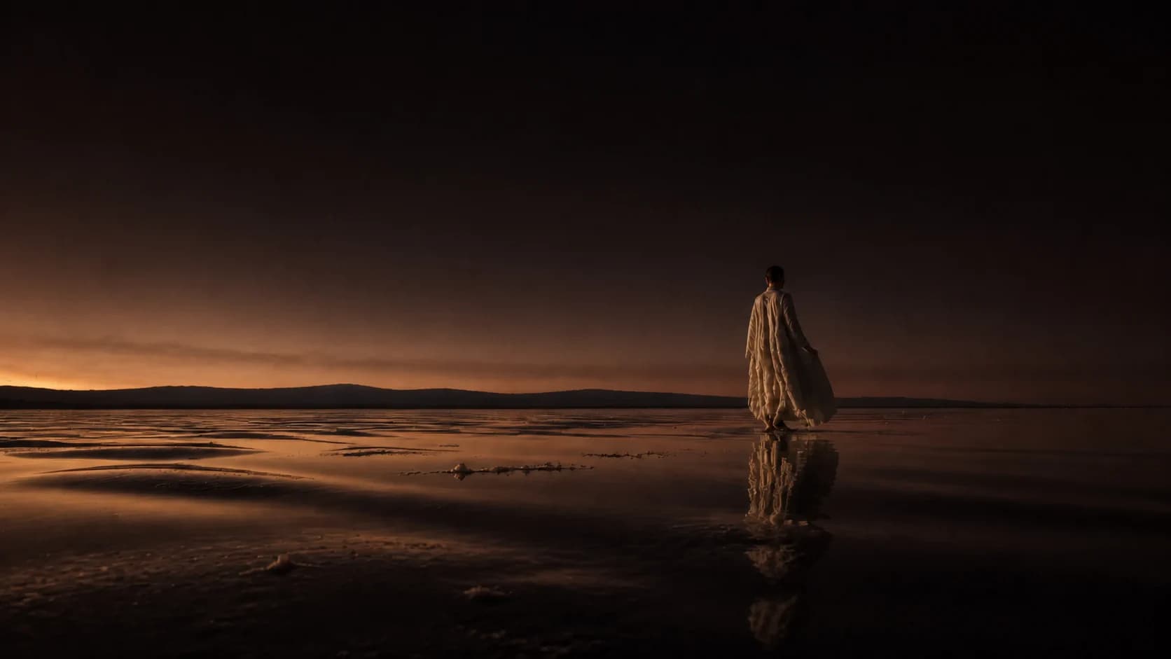 GPT Image 2 の生成例:夜明けの浅い塩湖に立つ白い服の人物と、銅金色と霧青の反射