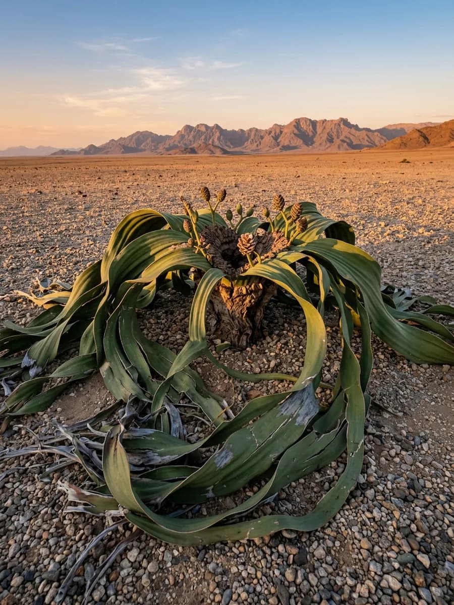 Tanaman Welwitschia mirabilis tua di dataran kerikil Gurun Namib
