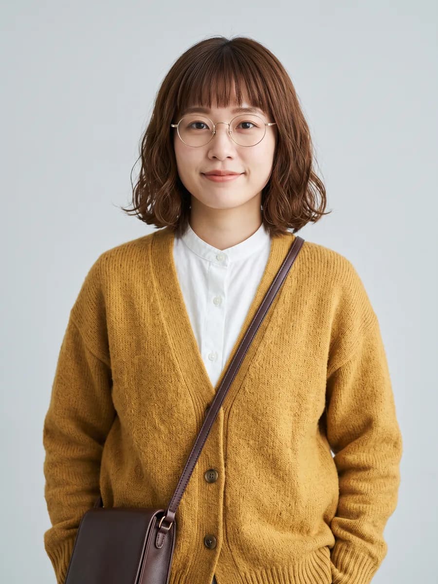 丸メガネとマスタード色のカーディガンのボブヘアの女性の参考写真