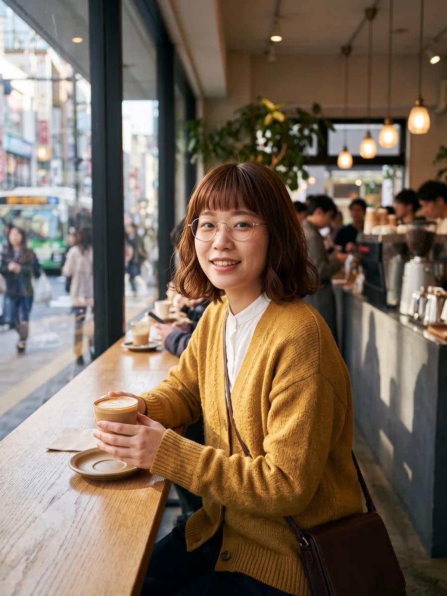 東京のカフェでラテを持つ同じ女性