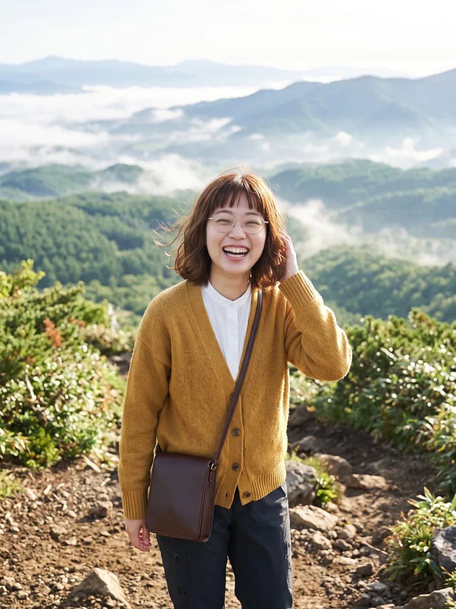 山道で笑う同じ女性