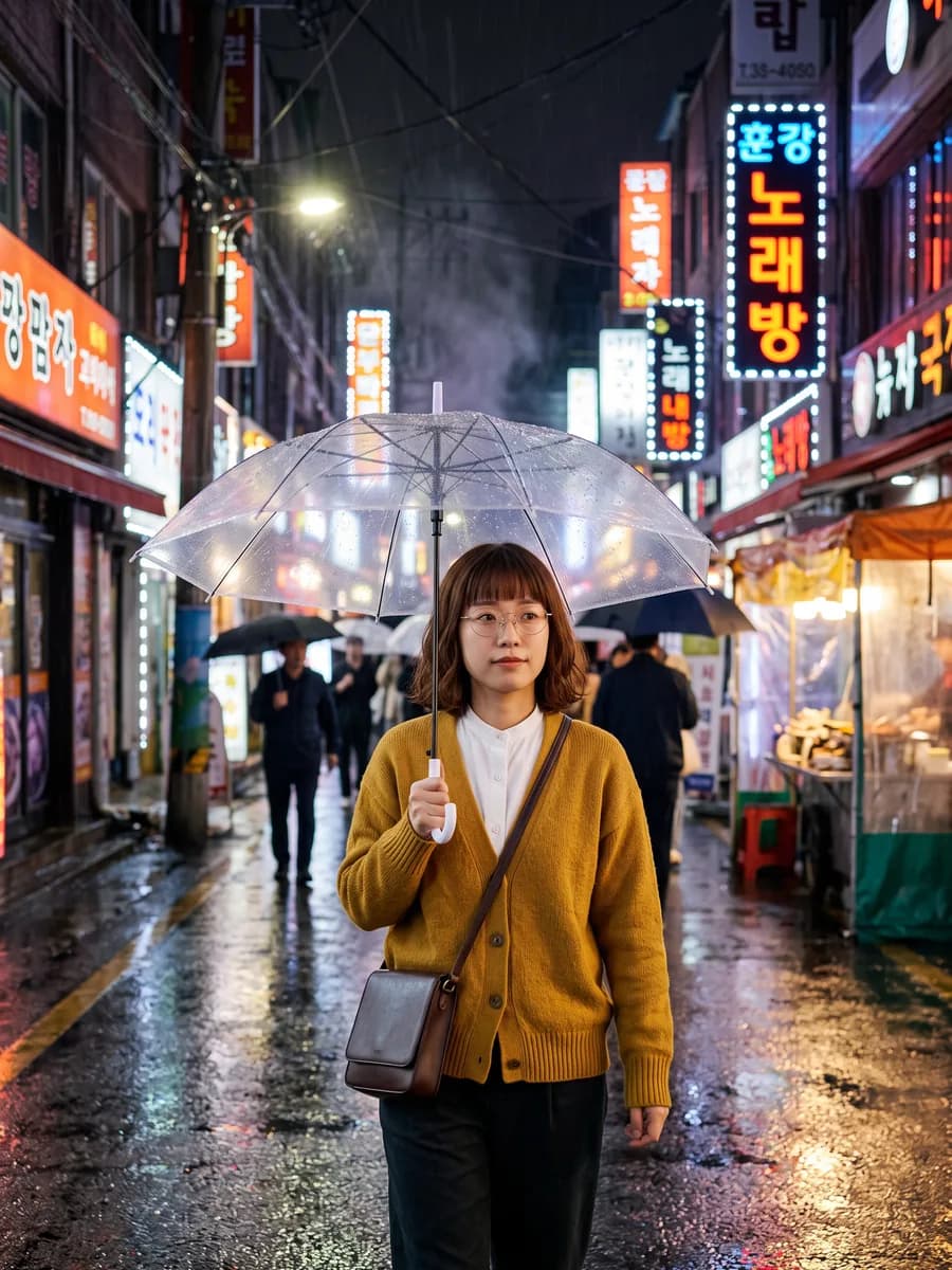雨の夜のソウルの路地を透明な傘で歩く同じ女性