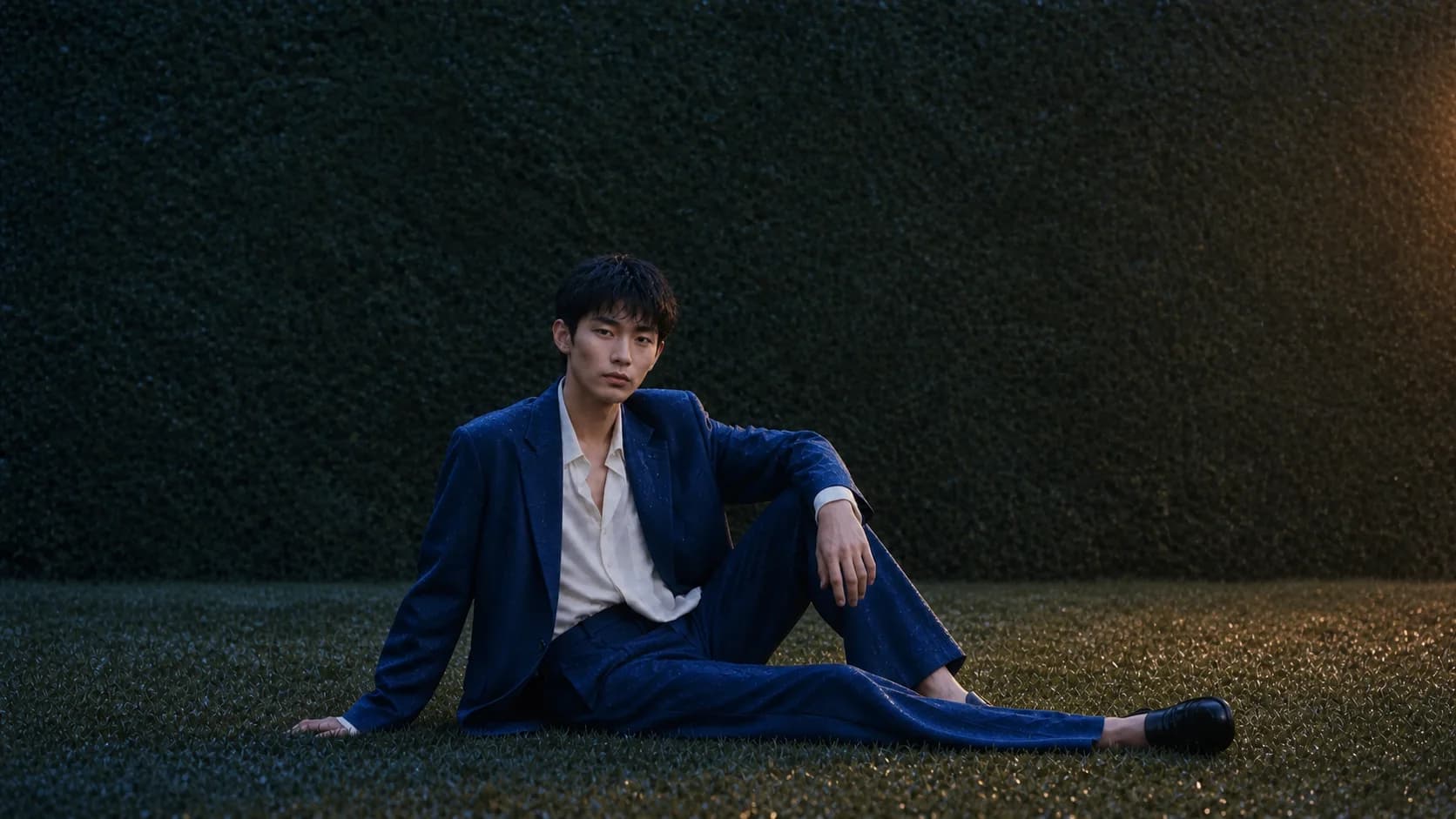 Step three: generate the blue-suit fashion portrait at blue hour after rain