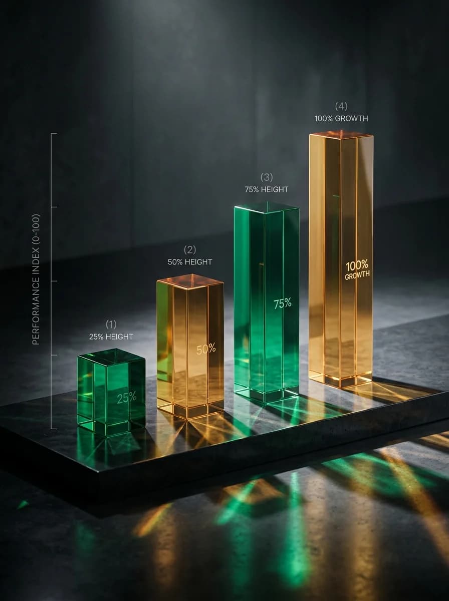 Four ascending emerald and amber crystal glass prisms on dark slate with clear light caustics and legible data scale