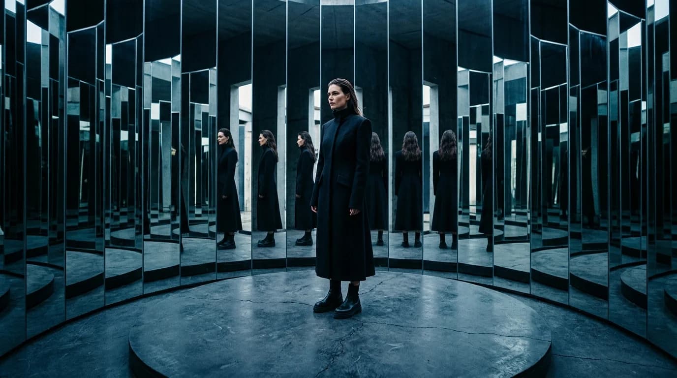 A circular mirrored chamber with a fashion model in a black structured coat held coherently across multiple physically accurate reflections