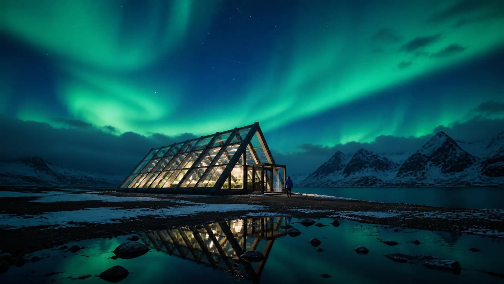 A warm triangular timber research greenhouse beneath the aurora and snowy mountains