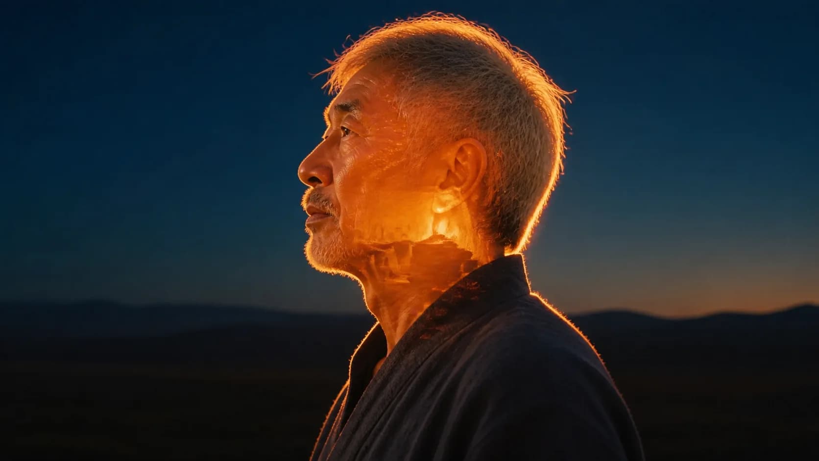A silver-haired ceramic artist whose dusk profile carries a warm kiln-light double exposure