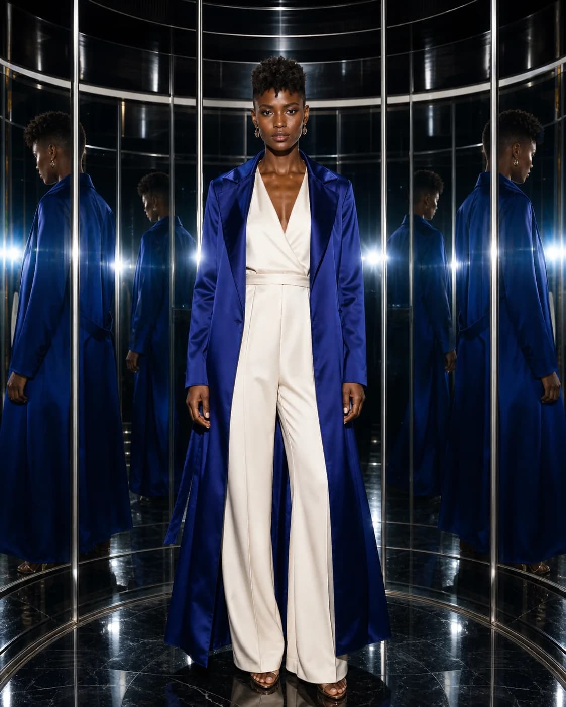 A full-length portrait in an ivory jumpsuit and cobalt coat inside a circular mirror room