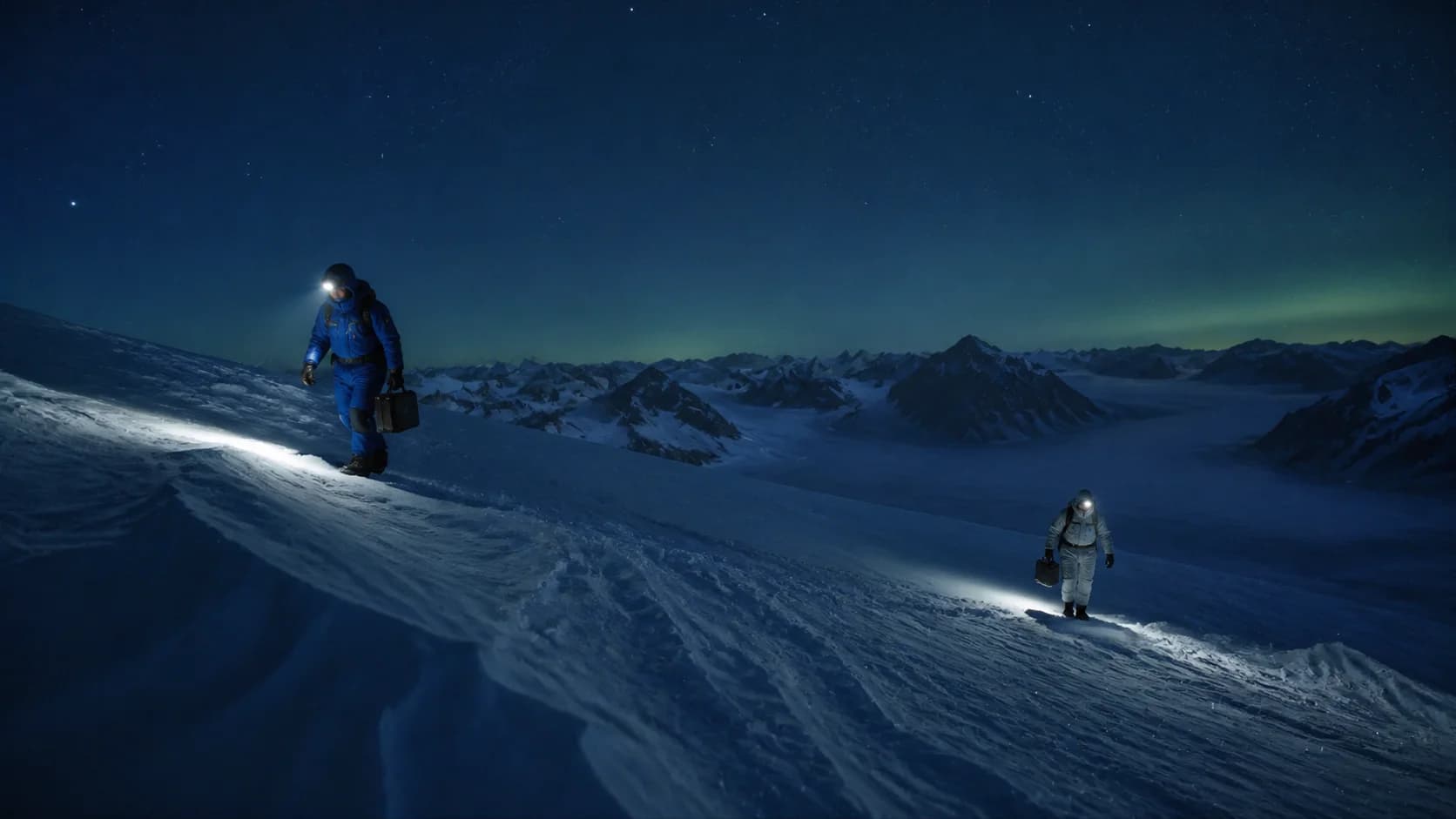 Two researchers in cobalt and ivory field suits crossing an ice ridge at polar night