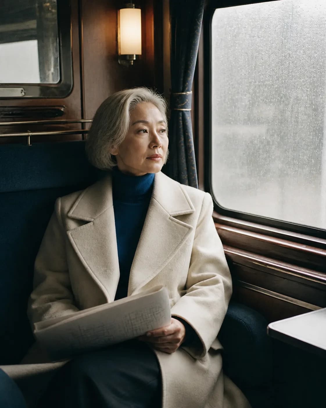A silver-haired woman architect holding plans inside a vintage train cabin on a rainy day