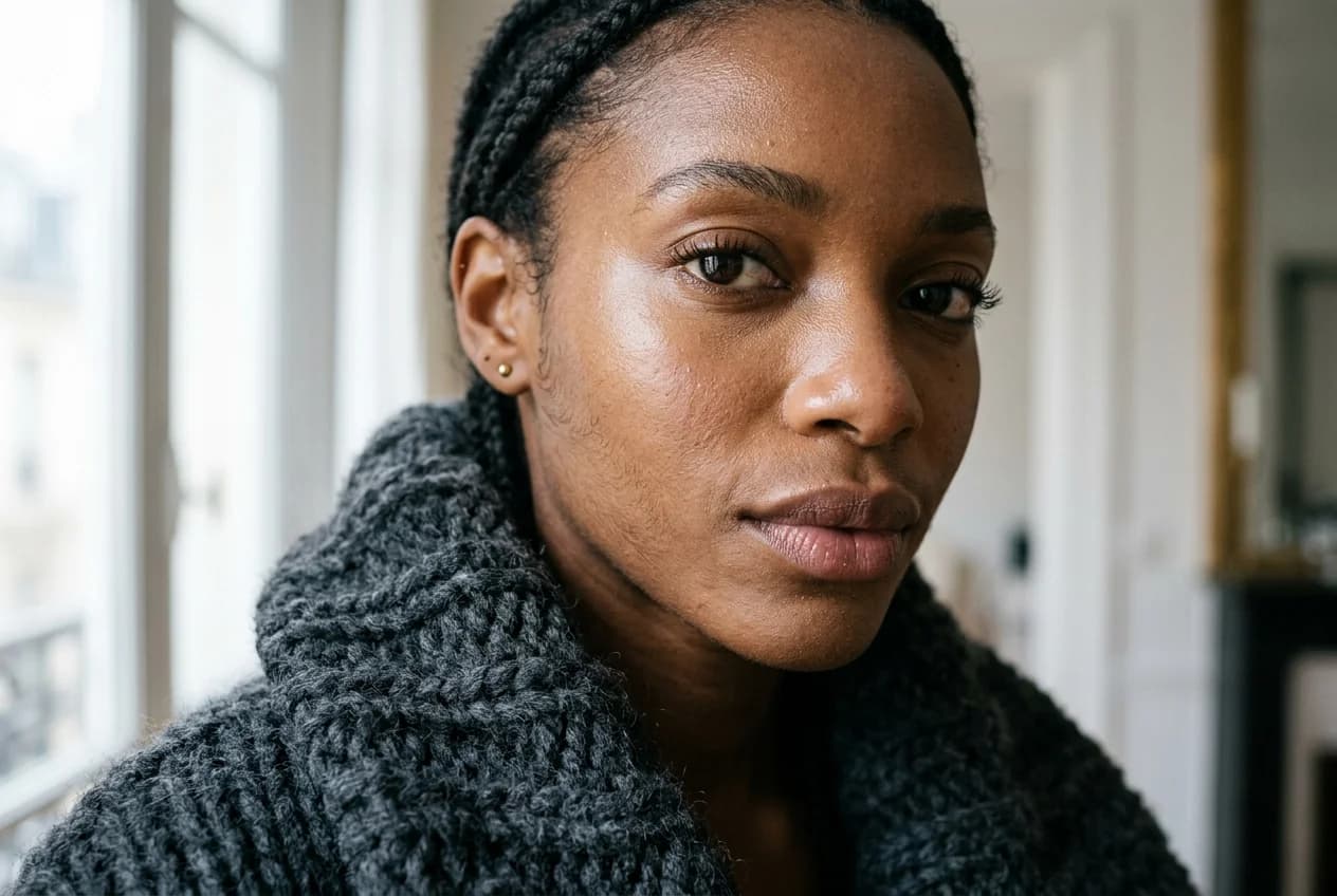 A close-up editorial beauty portrait under natural window light, showing authentic skin texture, fine pores, and woven knit fibers
